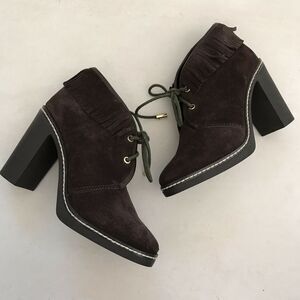 Tory Burch Hilary Suede Fringe Fur Lined Lace Up Chunky Booties FLAW